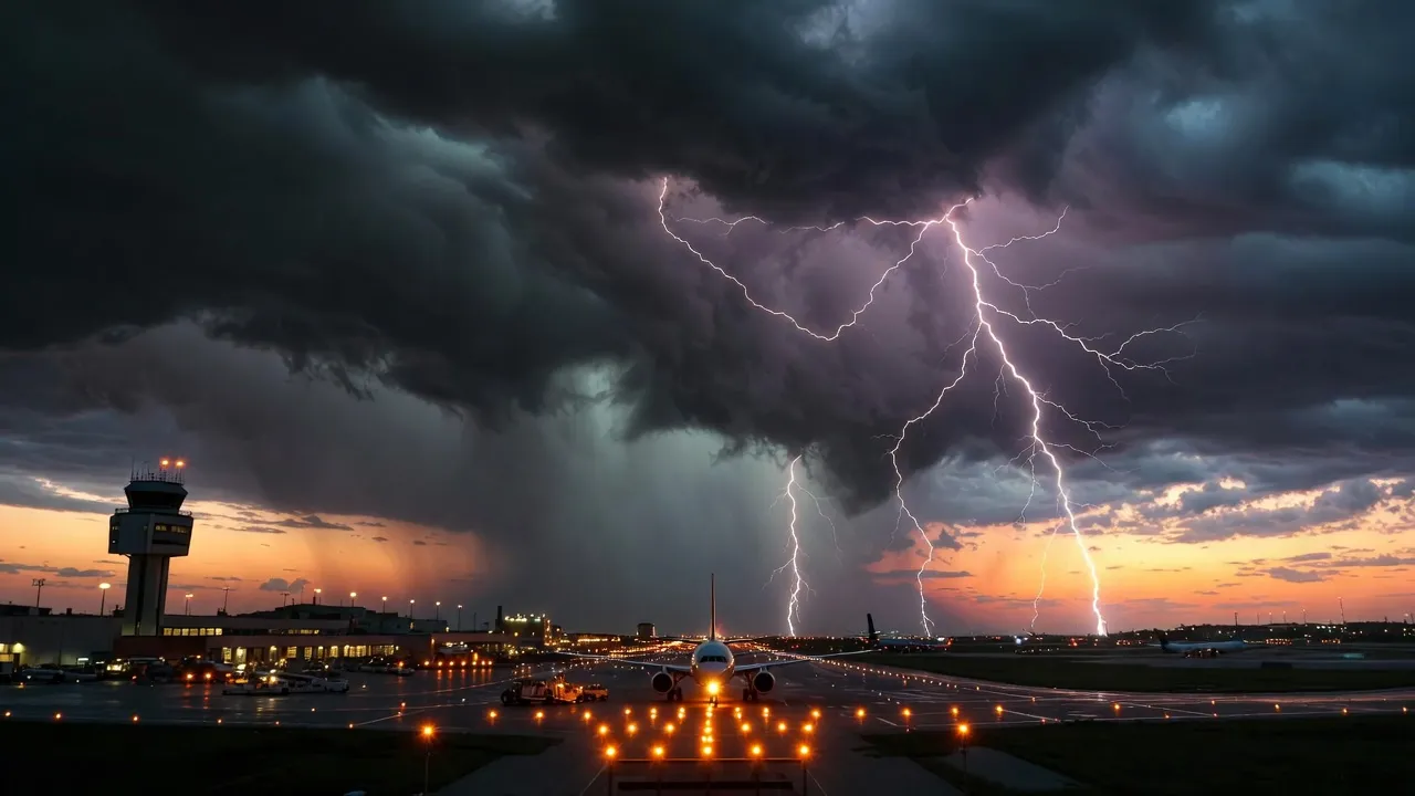 Storm clouds over an airport runway at dusk