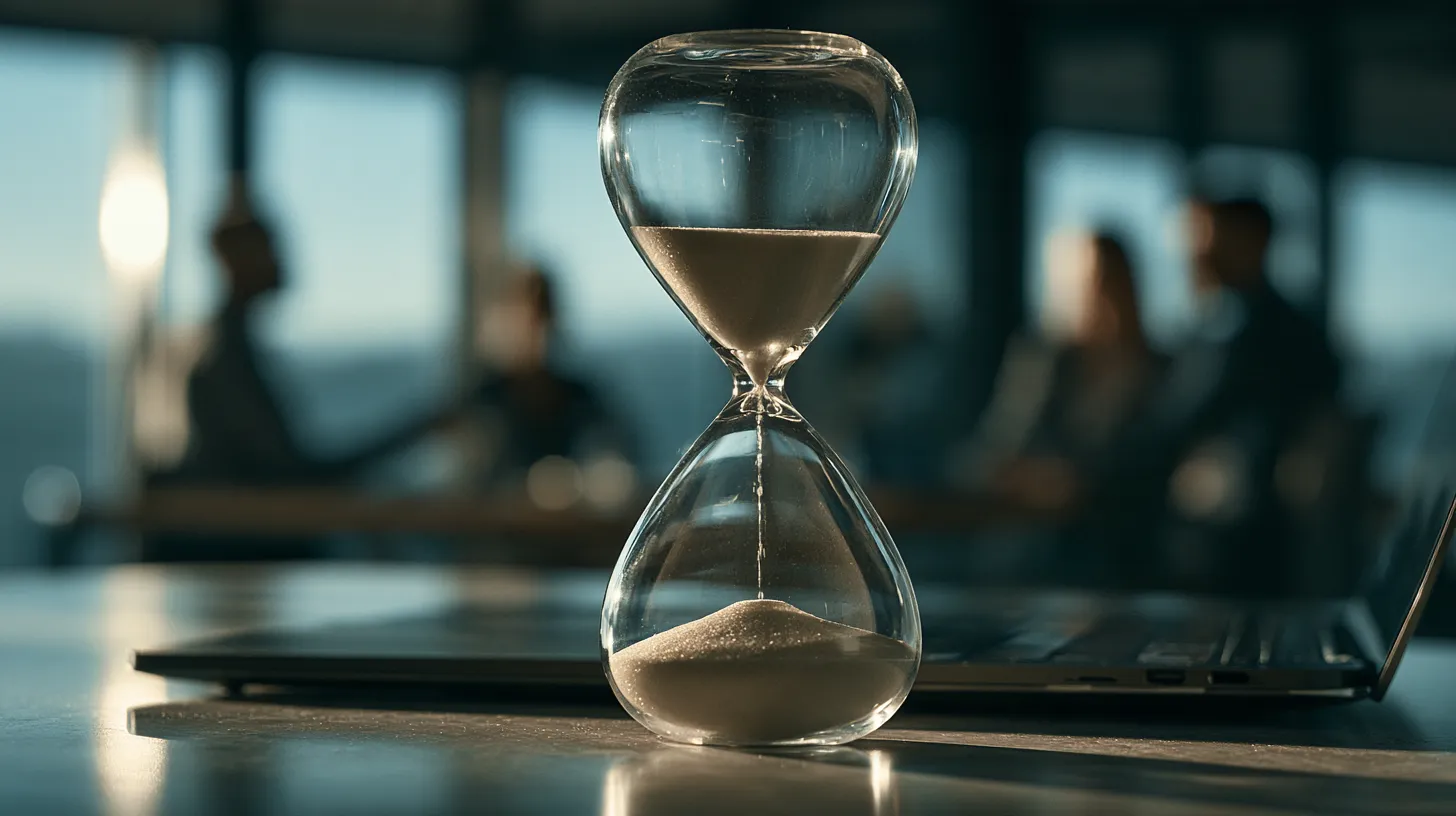 An hourglass on a desk in front of a laptop, with a blurred meeting in progress behind it