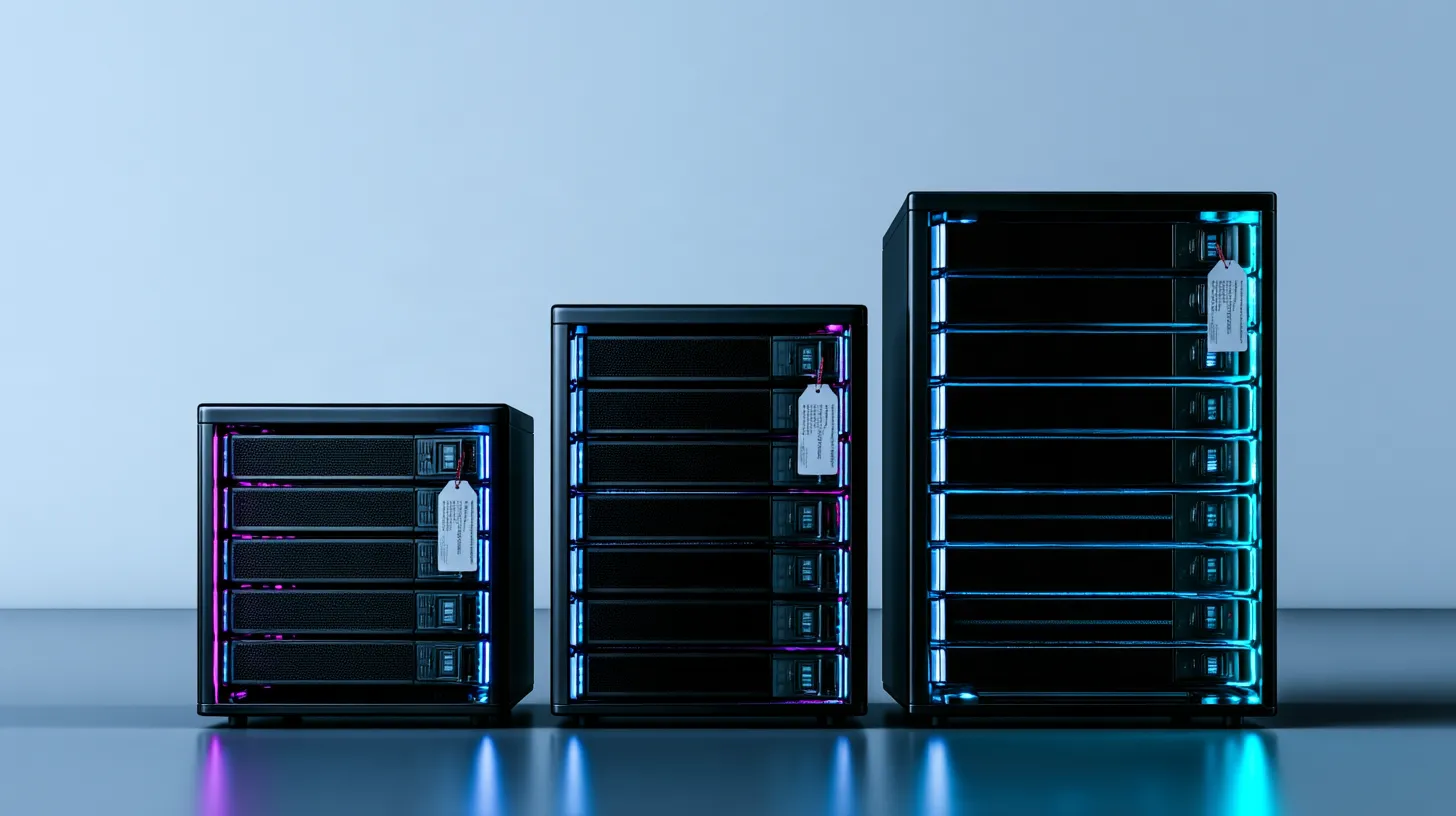 Three black server racks of increasing size lit with blue and violet light, each with a price tag hanging from its front