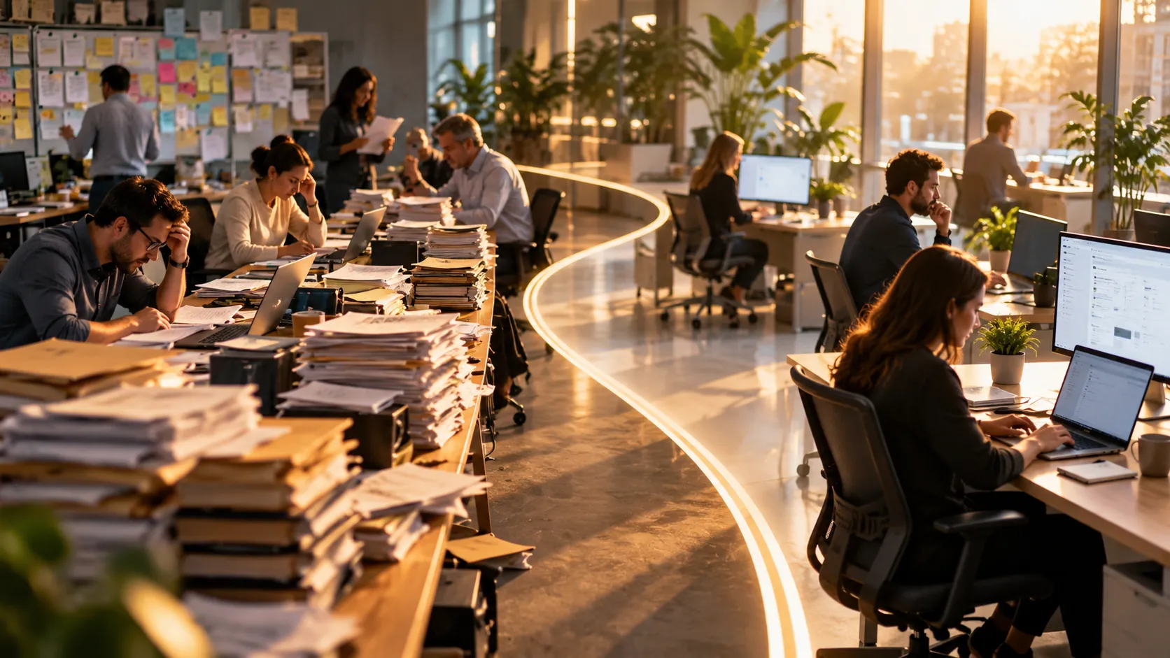 An office split in two: on the left, workers buried in stacks of paper; on the right, workers at clean desks with laptops, divided by a glowing curved line