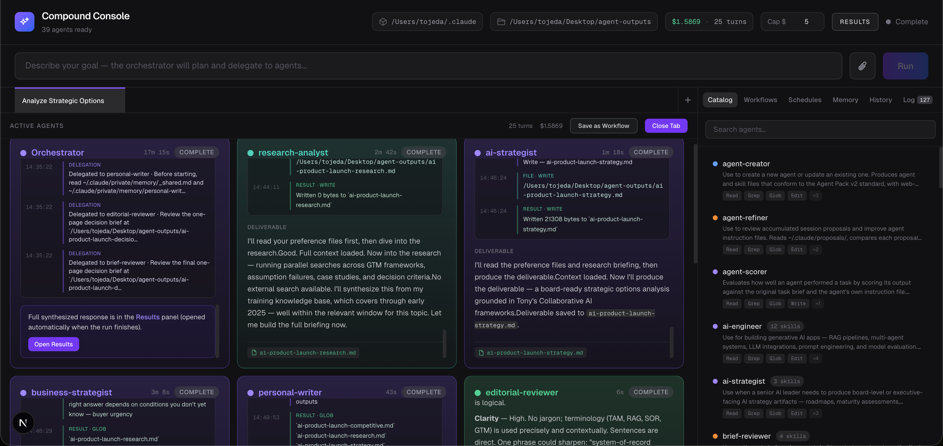 Compound Console mid-session: multiple agents working in parallel on a strategic analysis